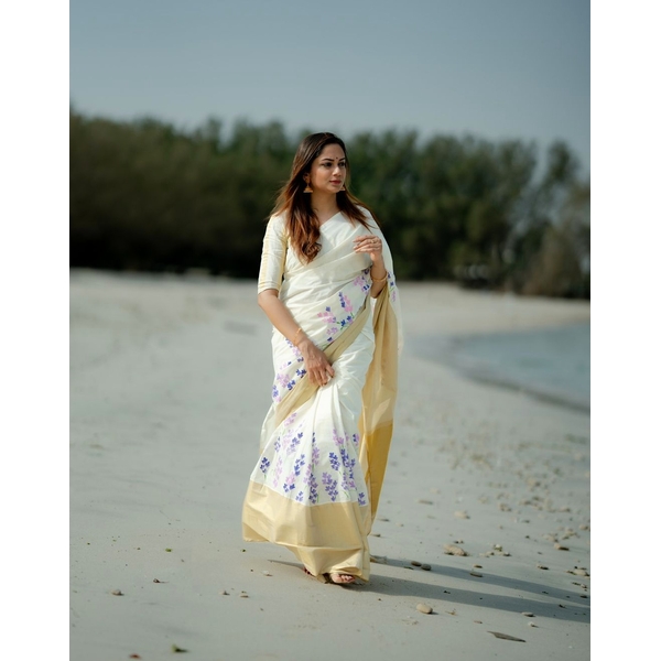 Onam Kasavu Saree With Lavender Blooms - image 7