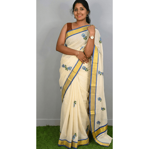 Onam Special Hand-Painted Kerala Kasavu Saree with Blue Border - image 3