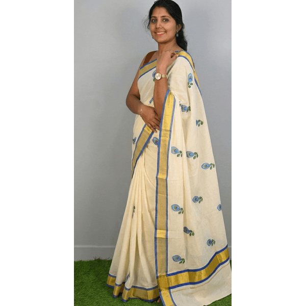 Onam Special Hand-Painted Kerala Kasavu Saree with Blue Border thumbnail 2