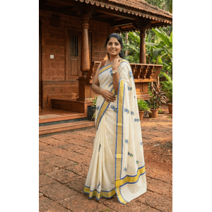 Onam Special Hand-Painted Kerala Kasavu Saree with Blue Border