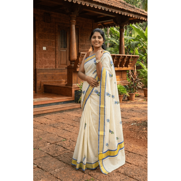 Onam Special Hand-Painted Kerala Kasavu Saree with Blue Border thumbnail 1