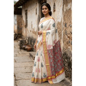 Onam Special Kerala Kasavu Saree With Grand Paisley Hand Block Prints in Divine Shades