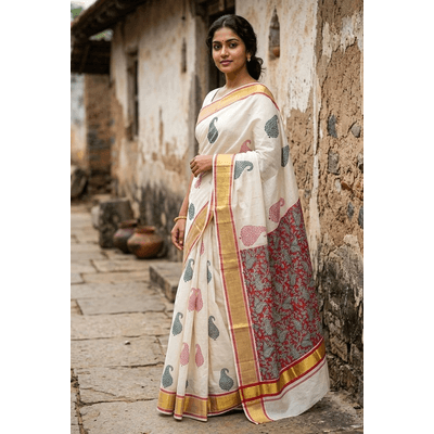 Kerala Kasavu Saree With Grand Paisley Hand Block Prints in Divine Shades