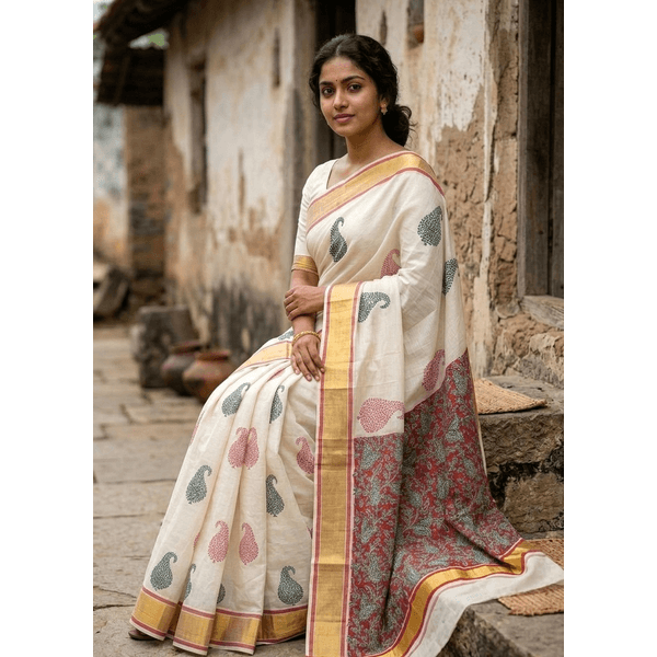 Onam Special Kerala Kasavu Saree With Grand Paisley Hand Block Prints in Divine Shades thumbnail 2