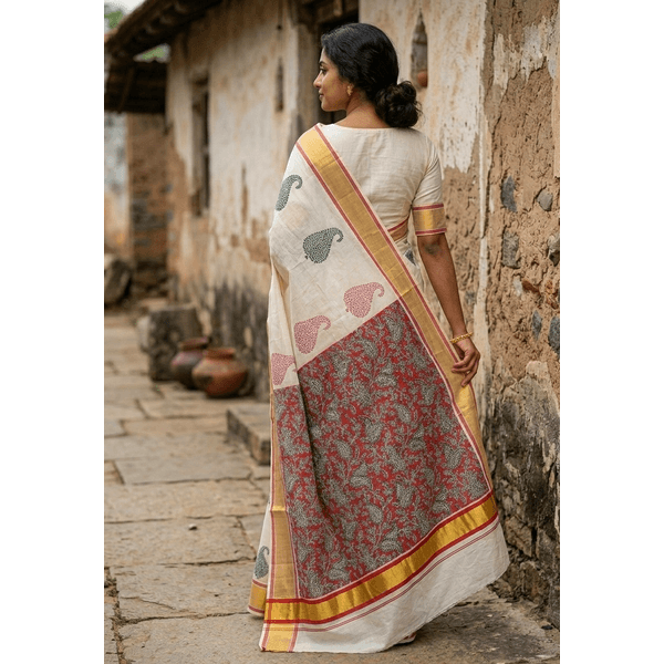 Onam Special Kerala Kasavu Saree With Grand Paisley Hand Block Prints in Divine Shades thumbnail 3
