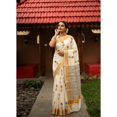Kerala Kasavu Saree With Sanganeri Block Prints