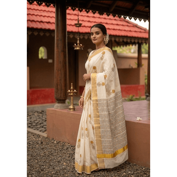 Onam Special Kerala Kasavu Saree With Sanganeri Block Prints thumbnail 4
