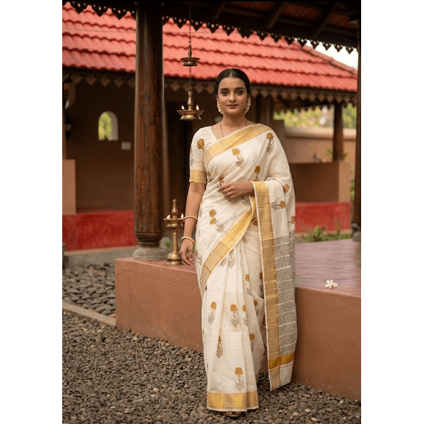Onam Special Kerala Kasavu Saree With Sanganeri Block Prints - image 3