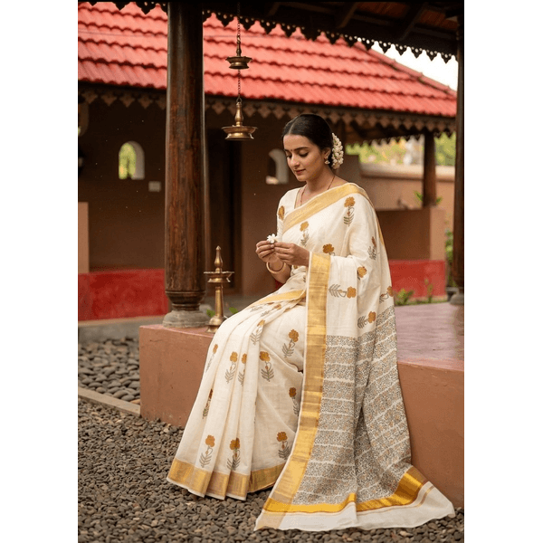 Onam Special Kerala Kasavu Saree With Sanganeri Block Prints thumbnail 2