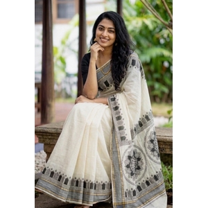 Onam Special Cotton Kerala Kasavu Saree With Hand Painted Mandala Designs