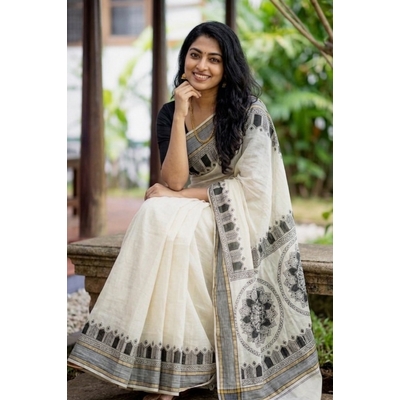 Cotton Kerala Kasavu Saree With Hand Painted Mandala Designs