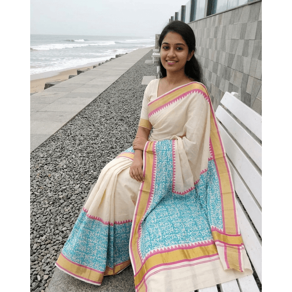 Onam Special Kerala Kasavu Saree with Floral Block Print Detailing - image 1