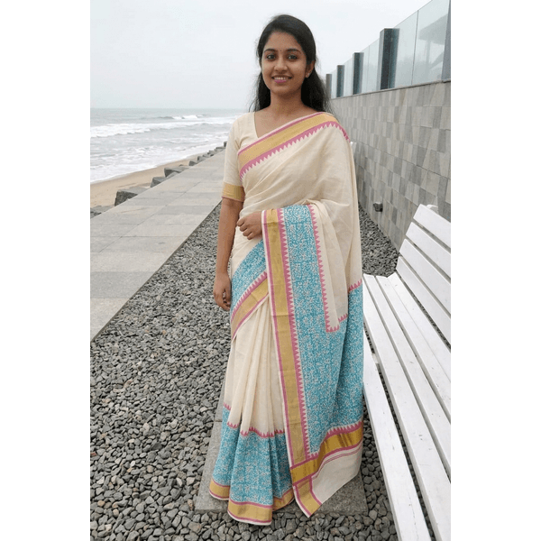 Onam Special Kerala Kasavu Saree with Floral Block Print Detailing thumbnail 2