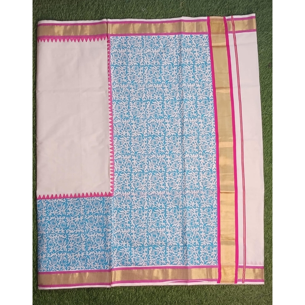 Onam Special Kerala Kasavu Saree with Floral Block Print Detailing - image 3