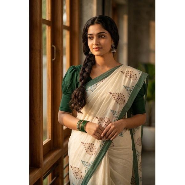 Onam Special Kerala Kasavu Saree With Paisley Block Prints