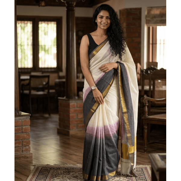 Designer Kerala Kasavu Saree in Ivory with Grey Gradient Border