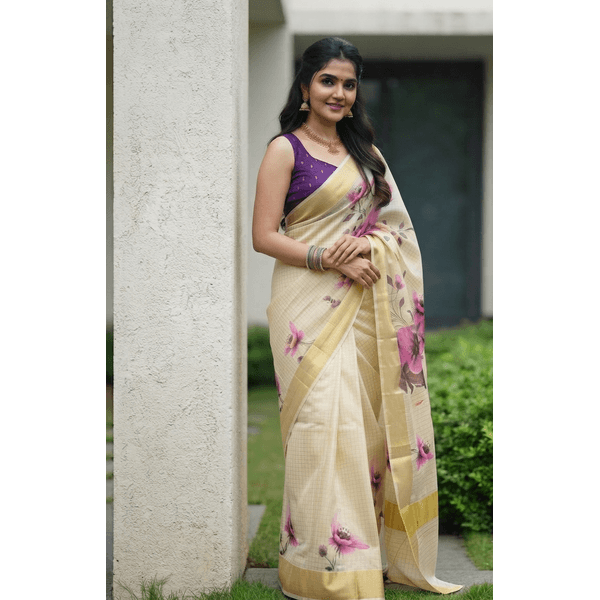 Onam Special Kerala Kasavu Saree With Floral Prints
