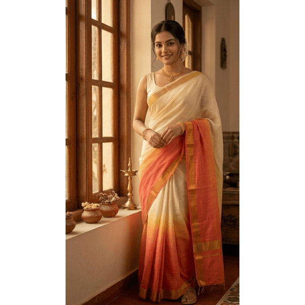 Designer Kerala Kasavu Saree in Ivory with Orange Gradient Border