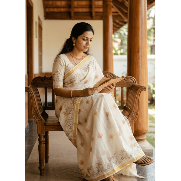 Onam Special Floral Printed Kasavu Saree