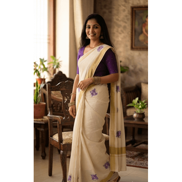 Onam Special Kerala Kasavu Saree With Floral Embroidery