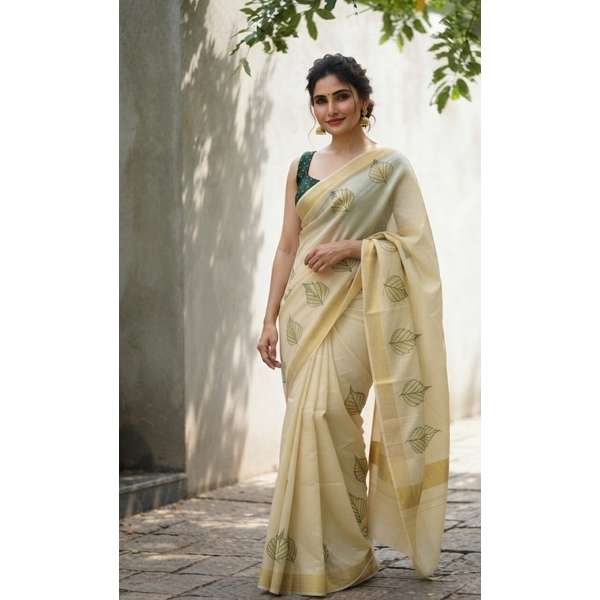 Kasavu Saree With Floral Embroidery
