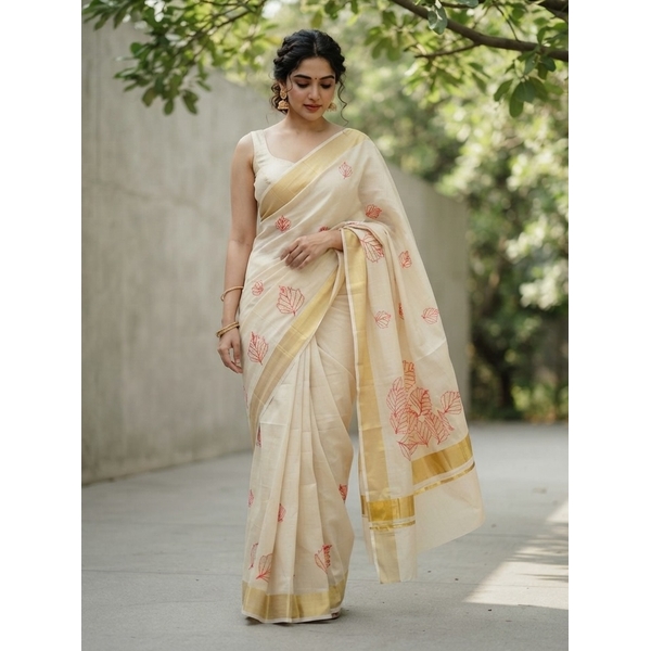 Kasavu Saree With Floral Embroidery