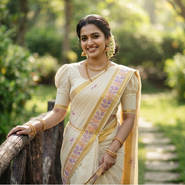 Kerala Kasavu Saree With Prints