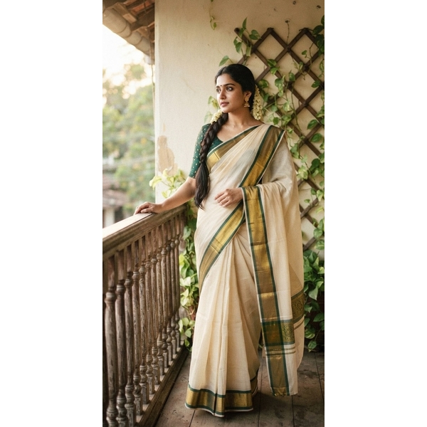 Vintage Kerala Kasavu Saree With Green Woven Border