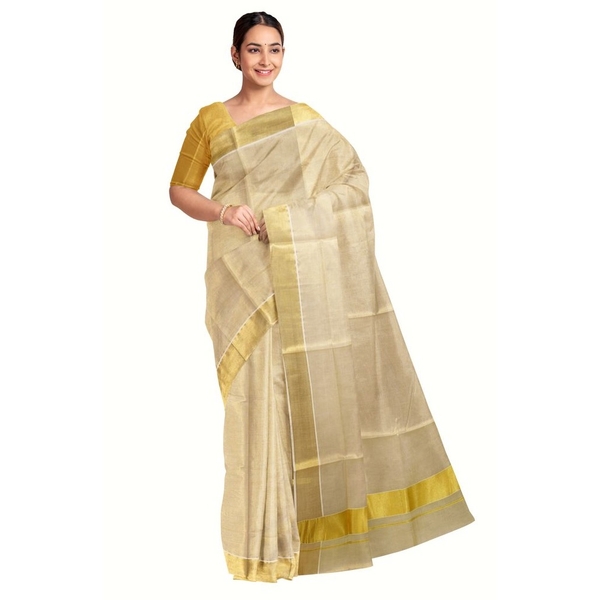 Ekatva Plain Tissue Saree With 3 Inch Golden Kasavu Border thumbnail 1