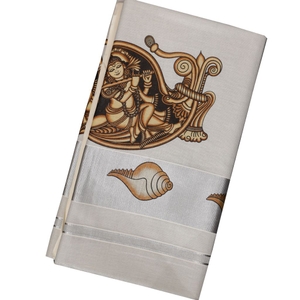 Kerala Kasavu Saree With Shanghu Krishna Mural Print