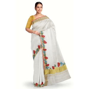 Special Hand Painted Kerala Kasavu Saree With Lotus Motif