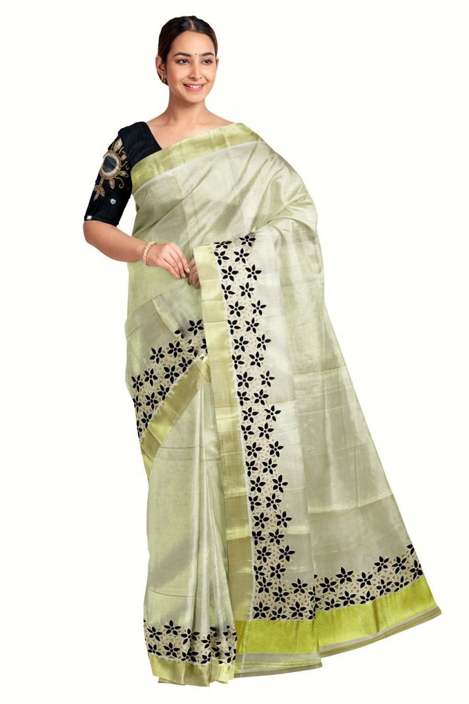 Kerala Kasavu Tissue Saree With Black Cutwork Embroidery