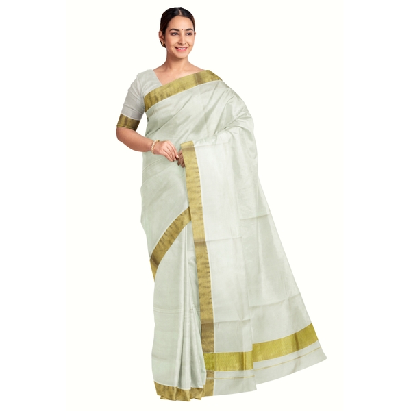 Traditional Cotton Kerala Saree With 3 inch Golden Border thumbnail 1