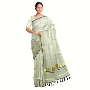 Traditional Kottar Kasavu Tissue Sarees With Tassels