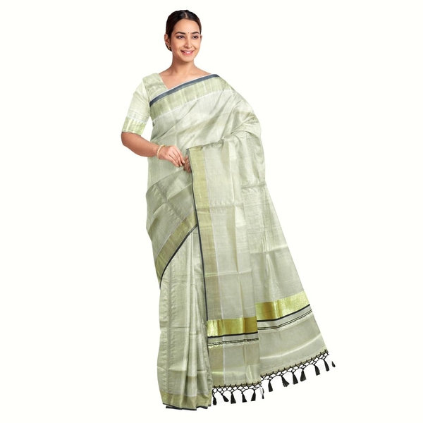 Traditional Kottar Kasavu Tissue Sarees With Tassels thumbnail 1