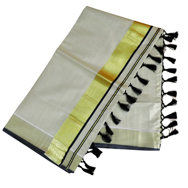 Traditional Kottar Kasavu Tissue Sarees With Tassels thumbnail 3