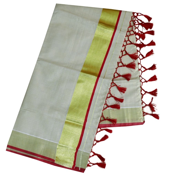 Traditional Kottar Kasavu Tissue Saree With Tassels thumbnail 3