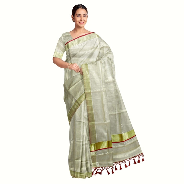 Traditional Kottar Kasavu Tissue Saree With Tassels thumbnail 1