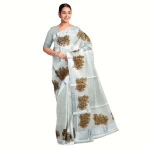 Silver Kasavu Saree With Mayoora Print In Antique Shades