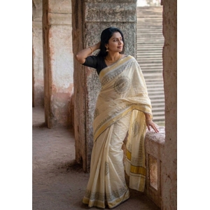 Onam Special Madhubani Hand Painted Kerala Kasavu Saree