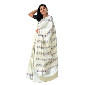 Madhubani Hand Painted Silver Kasavu Saree