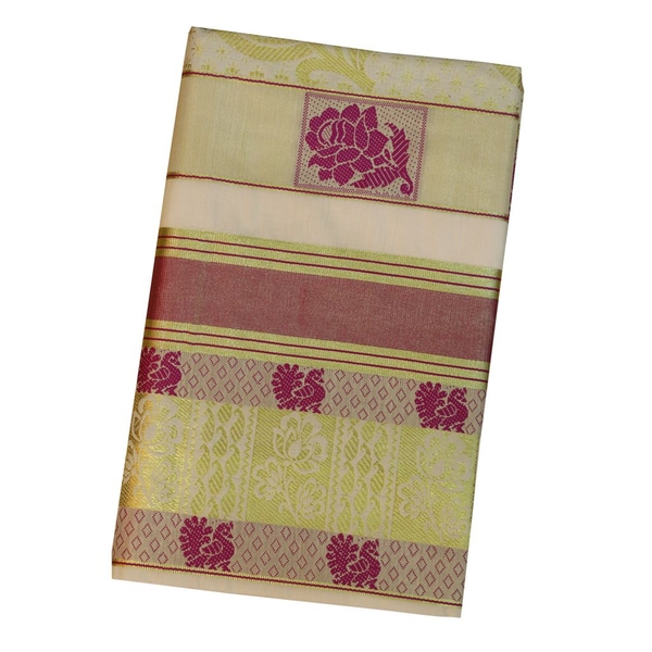 Traditional Kerala Saree With Golde And Purple Design - image 1
