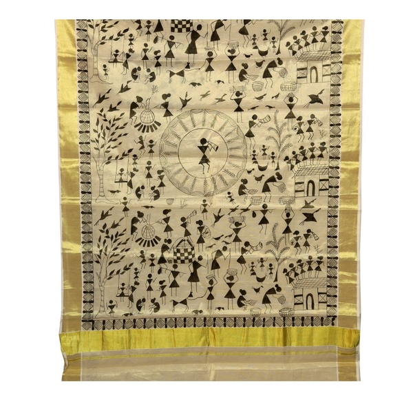Warli Painted Tissue Saree thumbnail 4