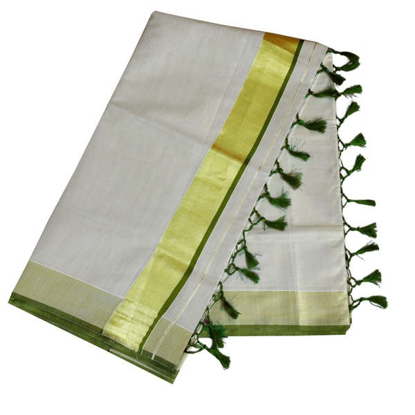 Traditional Kottar Kasavu Tissue Sarees With Tassels. thumbnail 3