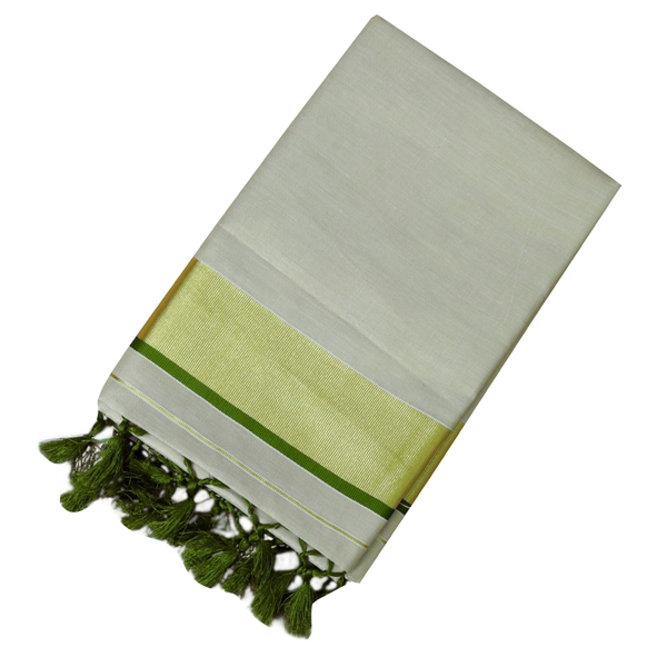 Traditional Kottar Kasavu Tissue Sarees With Tassels. thumbnail 2