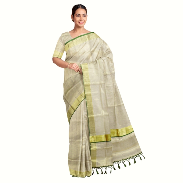 Traditional Kottar Kasavu Tissue Sarees With Tassels. thumbnail 1
