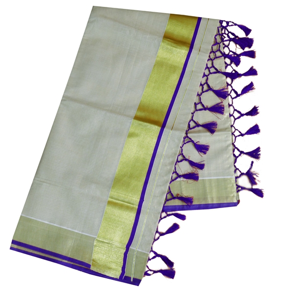Traditional Kottar Kasavu Tissue Sarees With Tassels. thumbnail 3