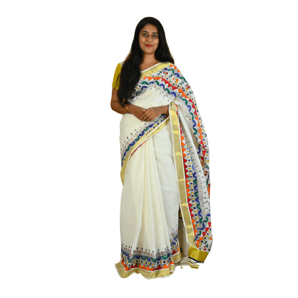 Onam Special Kerala Kasavu Madhubani Cotton Saree thumbnail 1