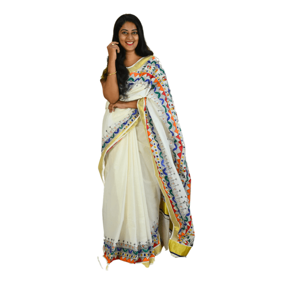 Onam Special Kerala Kasavu Madhubani Cotton Saree - image 2