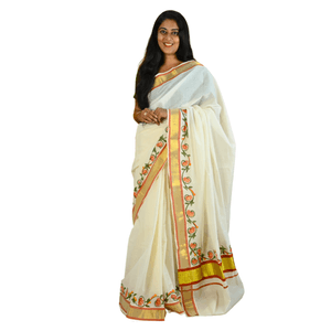 Kerala Cotton Kasavu Saree With Mural Painting